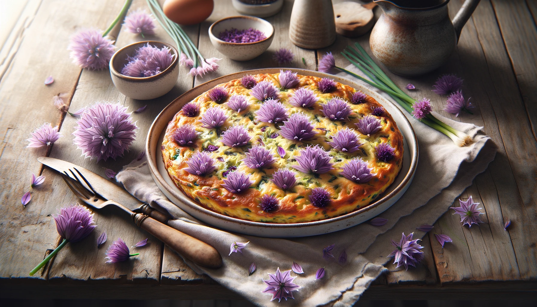 Chive quiche with edible chive flowers on rustic table.