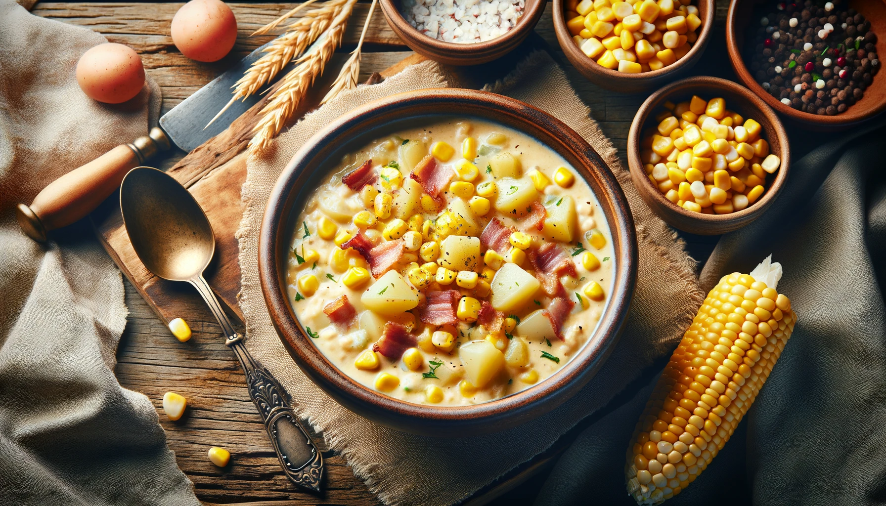 Hearty corn chowder with bacon and potato in bowl.