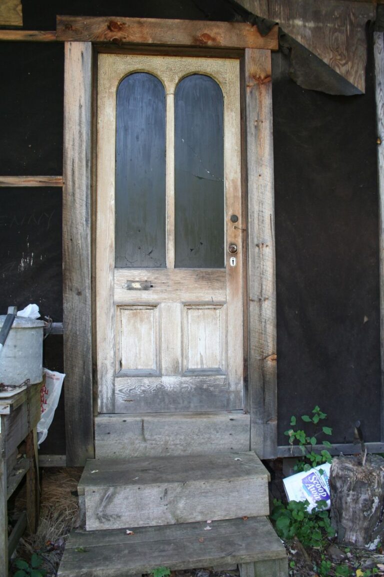 Weathered wooden door with steps on rustic building.