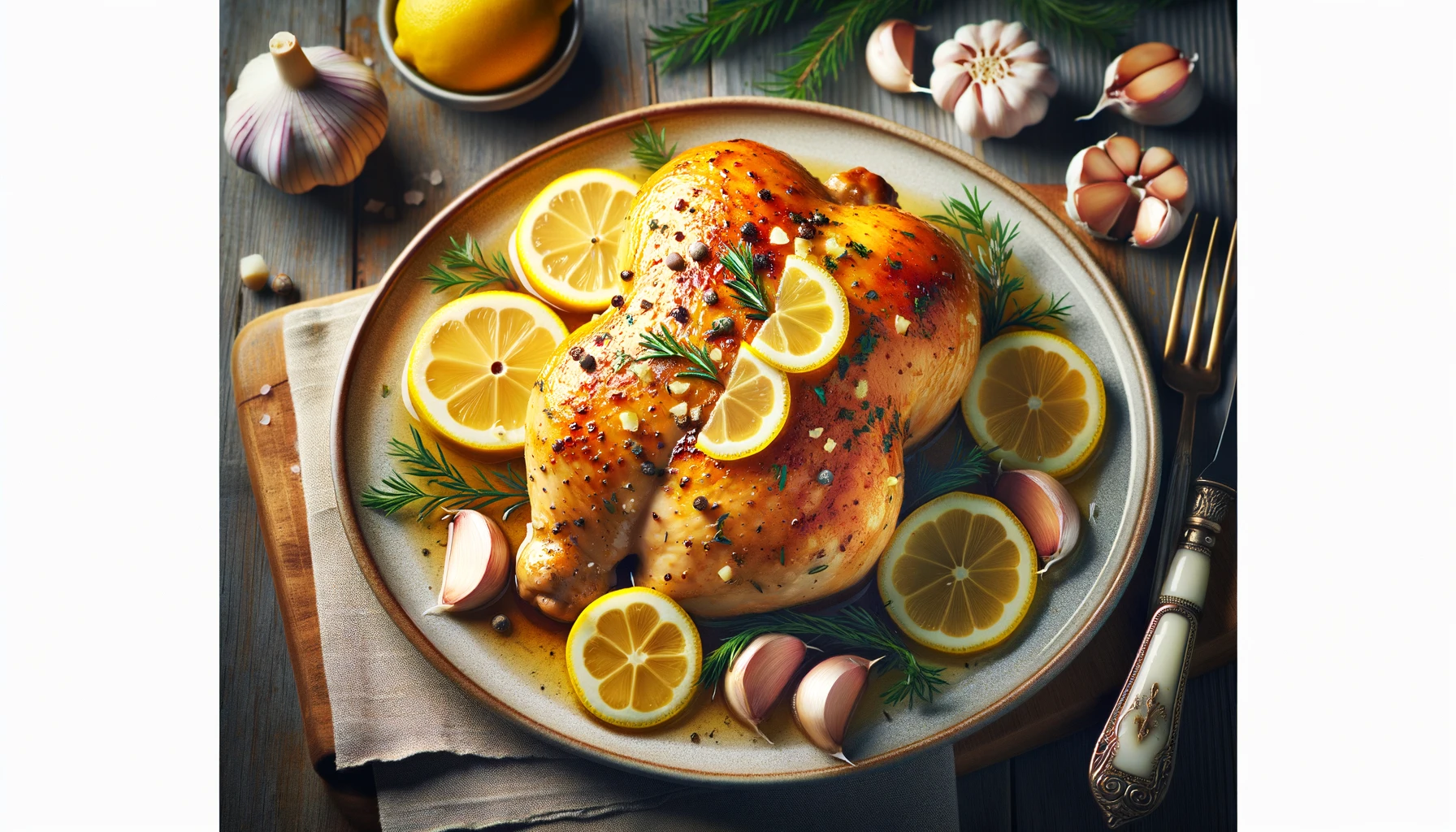 Roasted chicken with lemon and garlic on plate.