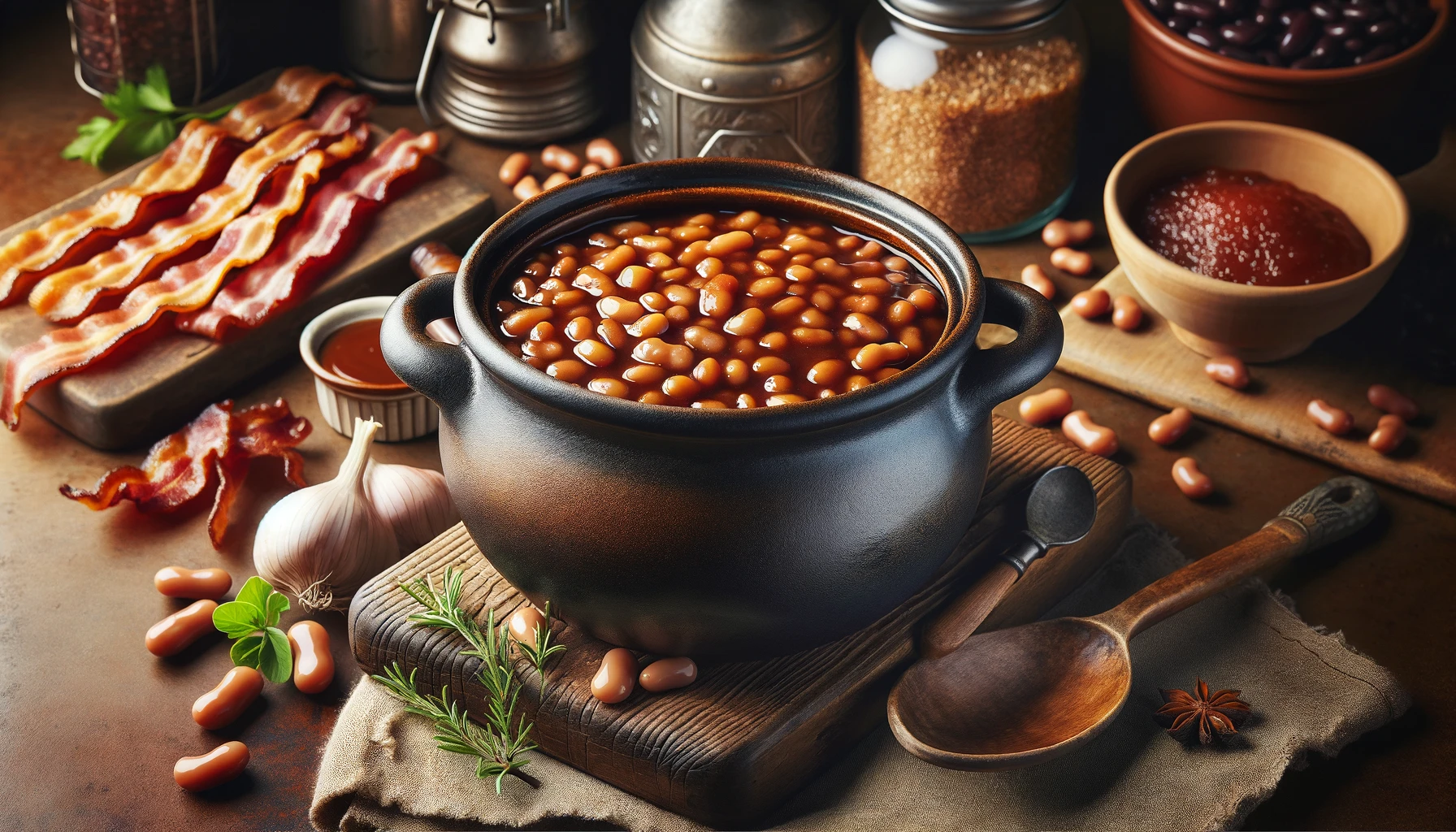 Pot of baked beans with bacon and spices.