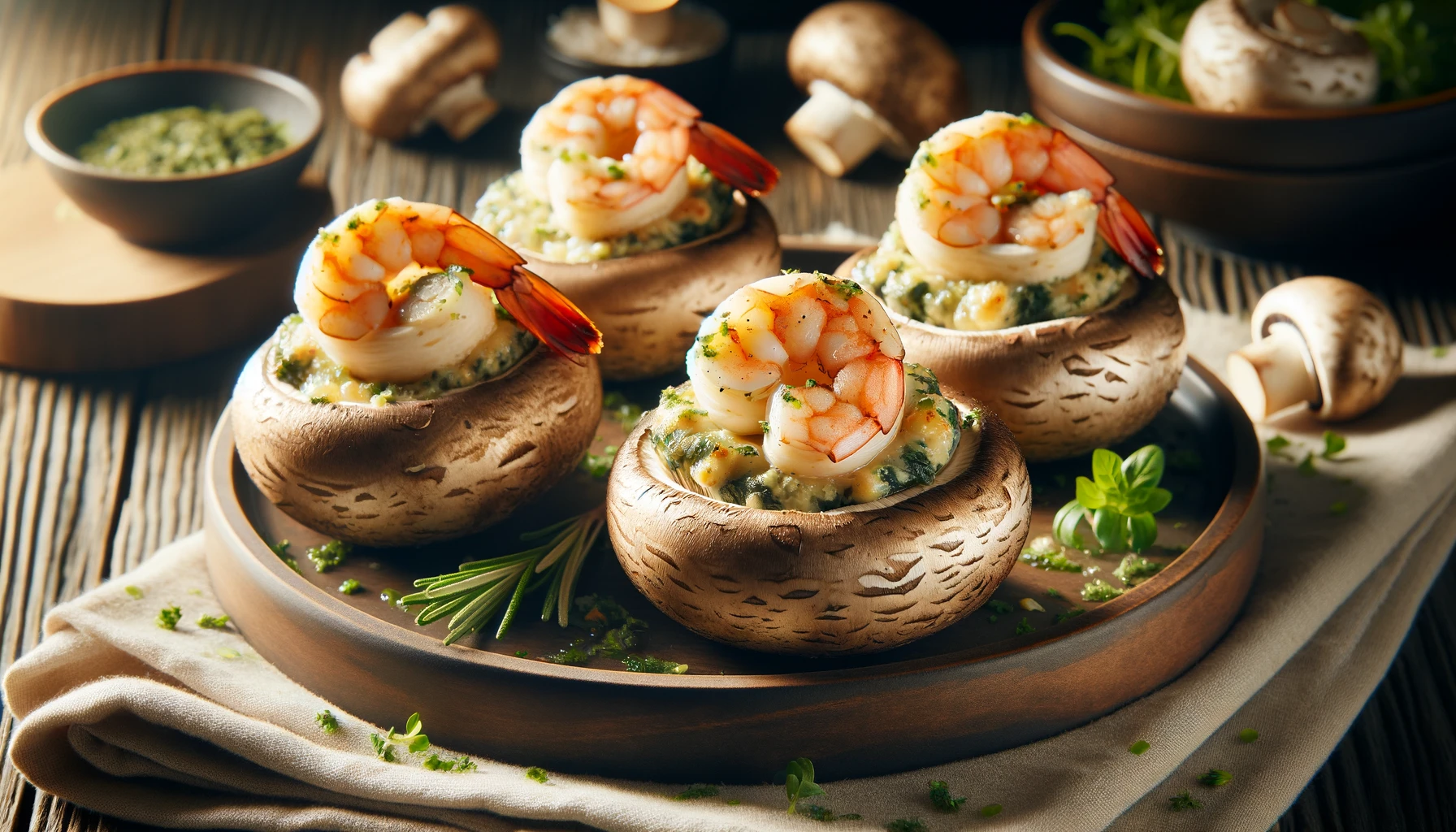 Stuffed mushrooms with shrimp and herbs on wooden tray.