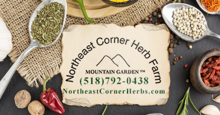 Assorted herbs and spices with Northeast Corner Herb Farm branding.